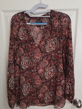 Lucky Brand Burgundy Floral V-Neck Sheer Blouse